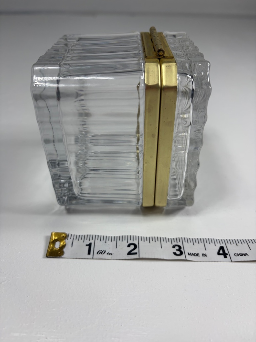 Vintage crystal jewelry casket with brass hinge 3 1/2 in. Square trinket box - Picture 6 of 7